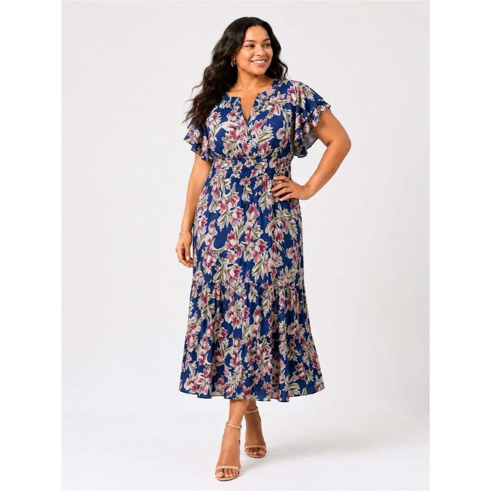 Julia Jordan Floral Satin Maxi Dress Flutter Sleeve Tiered Blue 12 NEW